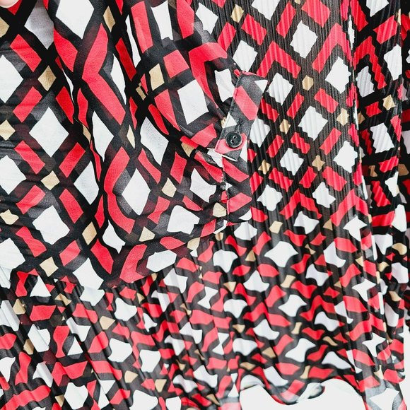 Chicos Top Geometric Patterned Cold Shoulder 1 M 8 Red Black Sheer Raglan Sleeve - Picture 7 of 16